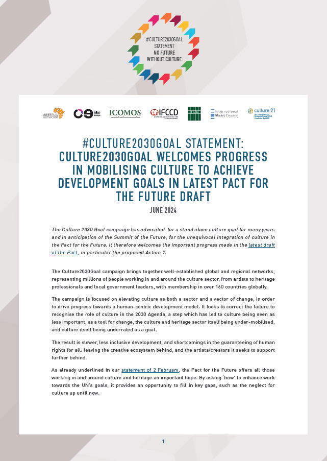 Culture2030Goal welcomes progress in mobilising culture to achieve development goals in latest Pact for the Future draft