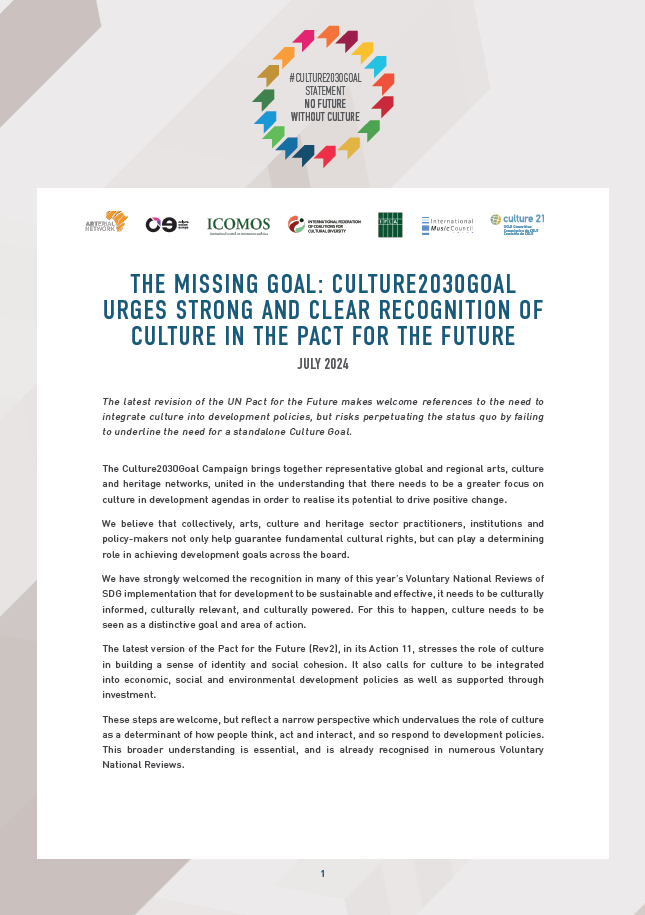 The missing goal: Culture2030Goal urges strong and clear recognition of Culture in UN Pact for the Future